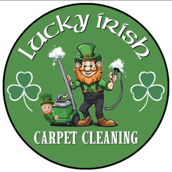 A green circle with shamrocks, the words Luck Irish Carpet Cleaning and two leprechauns holding sudsy cleaning tools